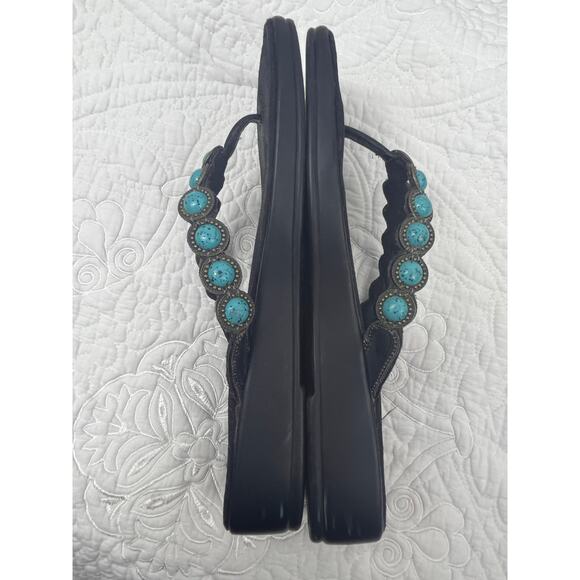 Minnetonka Women's Size 8 Blue/Black Faux Turquoise T-Post Wedge Sandals Comfort - Picture 5 of 10